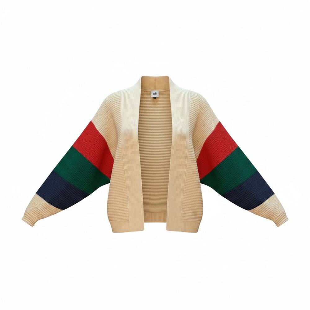 CAbi Cream Colorblock Cardigan | Red Green Navy Sleeves | Open Front | Size S